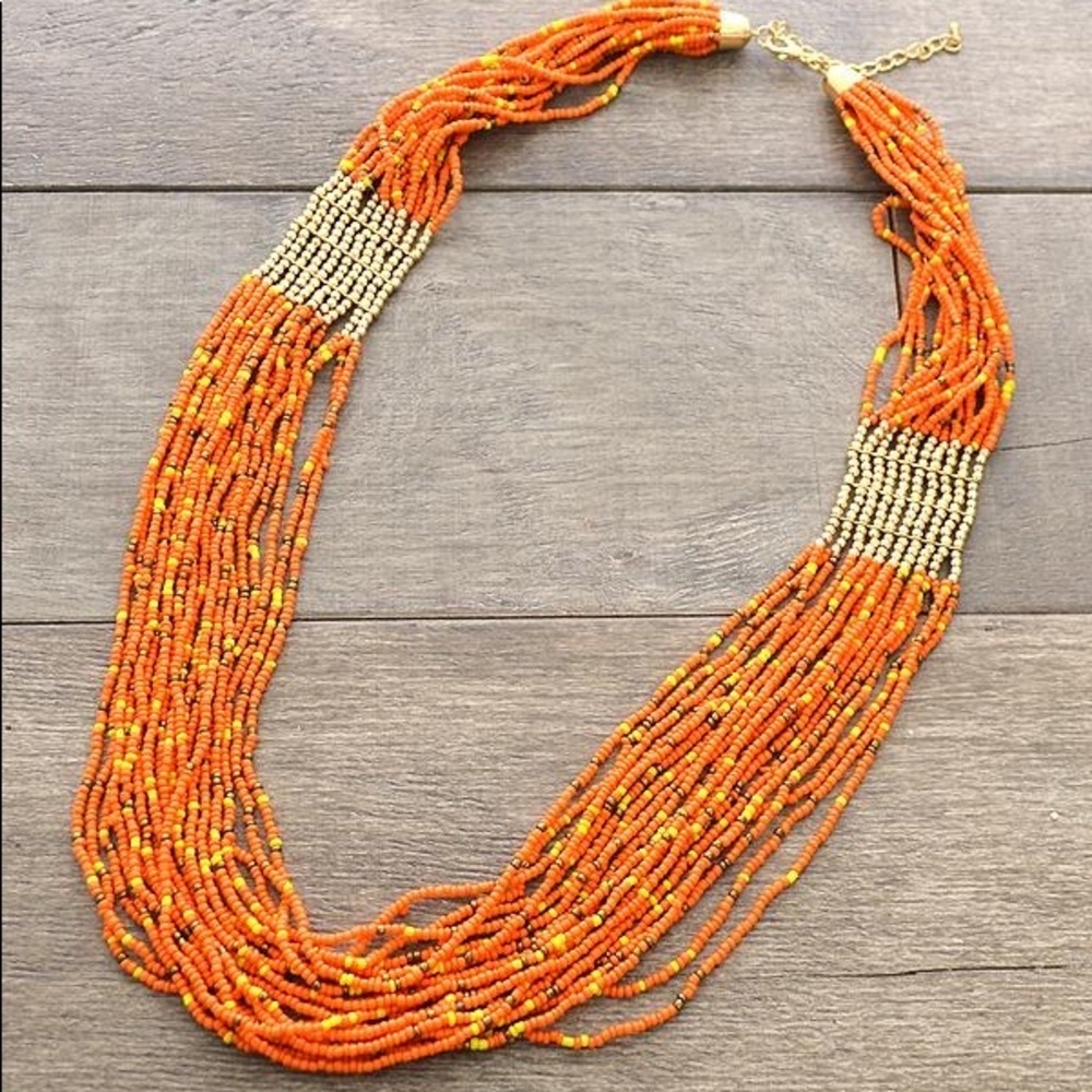 Seed bead orange multicolored multi layered necklace
